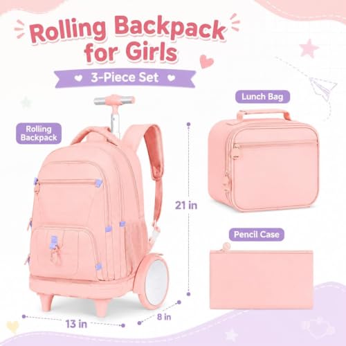 CCJPX 3Pcs Women & Girls Rolling Backpack with Bigger Wheels, Extra-Large Wheeled Bookbag with Lunch Box, Water Resistant Extra-Large Roller Luggage for Travel, Work, College (Pink) - color: Pink(upgrade Large Wheel)