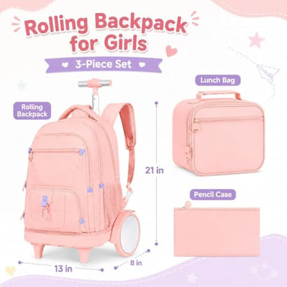 CCJPX 3Pcs Women & Girls Rolling Backpack with Bigger Wheels, Extra-Large Wheeled Bookbag with Lunch Box, Water Resistant Extra-Large Roller Luggage for Travel, Work, College (Pink) - color: Pink(upgrade Large Wheel)