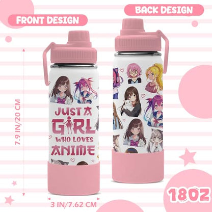 18oz Anime Water Bottle with 2 Lids (Spout and Straw Lid), Insulated Stainless Steel Kids Girl Tumbler Cup, Just A Girl Who Loves Anime Merch Gifts for Women Girls Fans - color: Anime