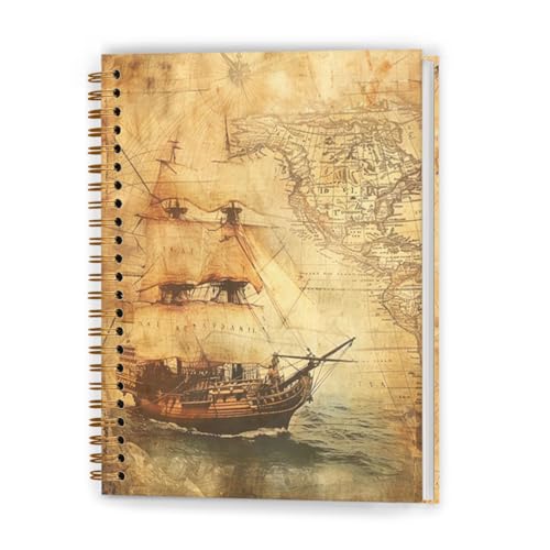 Vintage Treasure Map Notebook, Travel Diary Journal, Travelers Gift, Gifts for Adventurous Women Men, Treasure Sailing Ship Nautical Map Hardcover Spiral Notebooks, 5.5x8.3 Inch - color: Color_2