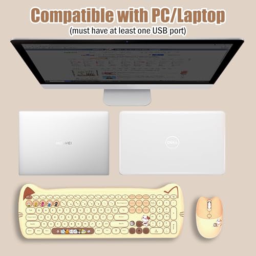 Cute Cat 2.4G USB Wireless Keyboard and Mouse Combo, Silent Keys, Candy Colors, Compatible with Notebook, PC (MilkTea-110Keys) - color: MilkTea-110Keys