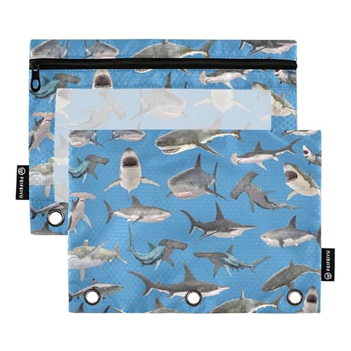 Shark Hammerhead Shark Pencil Pouch for 3 Ring Binder, Binder Pencil Pouches with Clear Window Zipper Pencil Case for Office College Supplies, 2PCS (B0314) - color: B0314