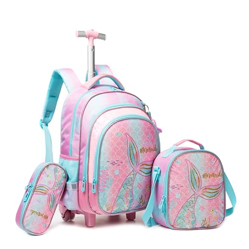 Meetbelify Girls Rolling Backpack Wheels Backpacks Kids Luggage for Elementary Preschool Students Cute Pink Mermaid Suitcase Trolley Trip Carry On Bag for Girls Ages 6-8 - color: 01 Pink Mermaid