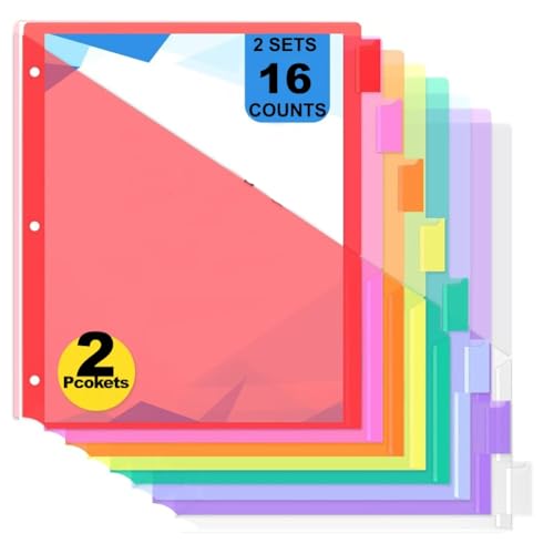 8-Count Binder Dividers with Two Pockets, 8 Tabs, 3-Hole Punched, Multicolor Plastic Index Dividers — Durable, Tear-Resistant, Insertable Labels — Fits Standard 3-Ring Binders(Red,2sets) - color: Red, size: 2sets
