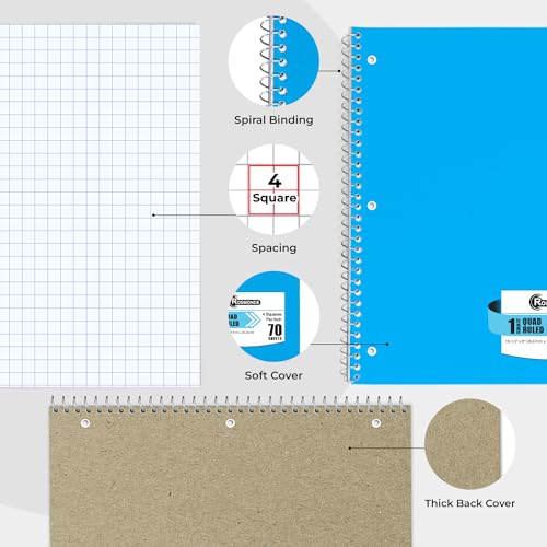 Rosmonde 24 Pack 1 Subject Graph Paper Spiral Notebook, 70 Sheets/140 Pages | Bulk 4x4 Grid Quad Ruled Spiral Notebook, 8 x 10-1/2", 3 Hole Punched, Bulk Quad Ruled Graph Paper Spiral Notebooks, Assorted - size: 24 Pack