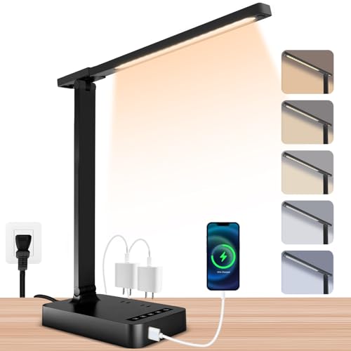 Smart Desk Lamp with 4-in-1 Charging Station (2 AC outlets, Type-C, USB-A ports), 5 color temperatures and 5 brightness levels, adjustable gooseneck arm, eye-friendly lighting for desks, bedrooms - color: Black, size: Tall Version -16.73 inch