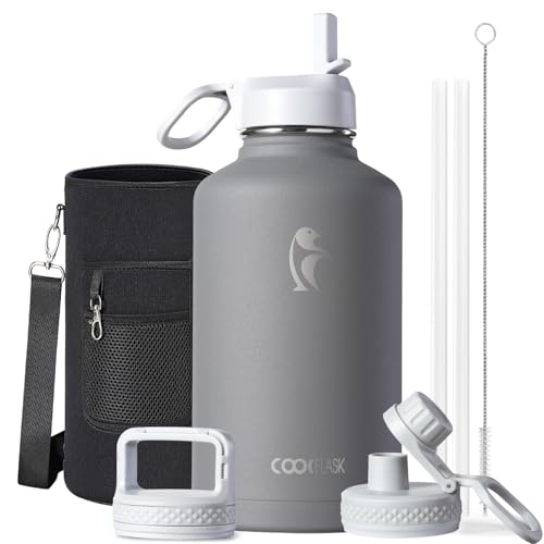 Coolflask Half Gallon Water Bottle Insulated with Straw & 3 Leakproof Lids | 64 oz Large Water Jug Stainless Steel Triple-Wall, Cold 48+h/Hot 24+h Dishwasher Safe, BPA-Free, for Sports Gym & Hiking - color: Dark Gray, size: 64 Ounces