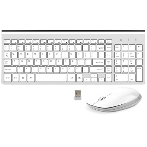 FENIFOX Keyboard and Mouse Wireless, USB 2.4GHz Combo Silent Quiet Low Profile Compact Full Size Flat Slim Thin Portable with Number Pad Soft Cover for PC Laptop Computer Office - White & Silver - color: Silver White