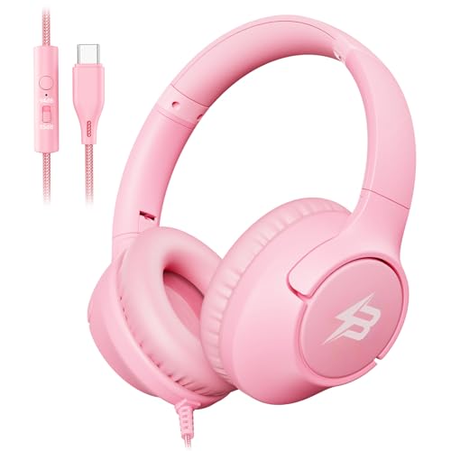 Kids Headphones Wired with USB C Plug, 85/94 dB Volume Limit Foldable USB Type C Headphones for Kids Boys Girls, Plug in Headphones Corded Over Ear Wired Headphones for Tablet/Travel/School, Pink - color: Pink