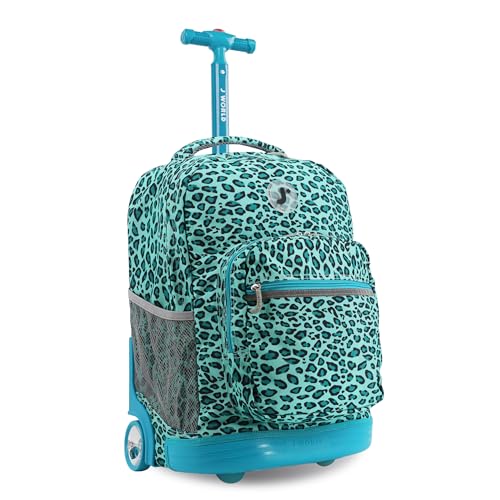 J World Sunrise Kids Rolling Backpack with Wheels for Girls Boys, Roller Bookbag for School, 18 x 13 x 9 Inches, Mint Leopard - color: Mint Leopard