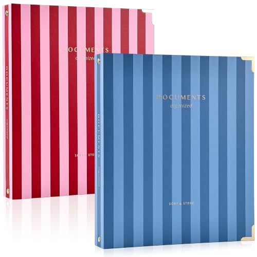 Aesthetic 3 Ring Binder Set of 2 - Sturdy 1 Inch Binder Fits Letter Sized Paper - Striped Three Hole Ring Holder for Women or Men with Pocket Easily Organizes Your Paperwork for School, Office or Work - color: Bold Red & Blue