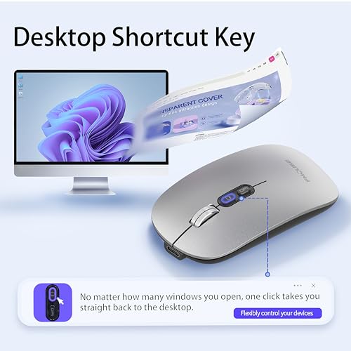FMOUSE Slim Wireless Mouse, Tri-Mode 2.4G & Bluetooth, Rechargeable – Grey | USB-A & USB-C Receiver | Silent Click | One-Key Desktop | Works with Mac, iPad & Laptops | Long-Life Battery | Portable - color: Grey