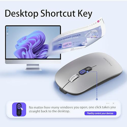 FMOUSE Slim Wireless Mouse, Tri-Mode 2.4G & Bluetooth, Rechargeable – Grey | USB-A & USB-C Receiver | Silent Click | One-Key Desktop | Works with Mac, iPad & Laptops | Long-Life Battery | Portable - color: Grey