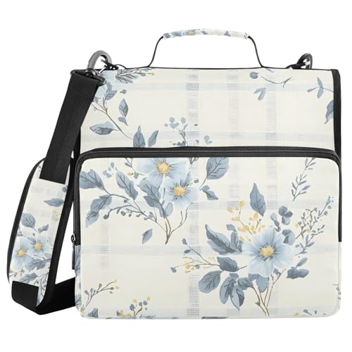 3 Ring Binder Zipper Binders Blue Flowers Plaid Expanding File Folder Bag with Shoulder Strap - color: Blue