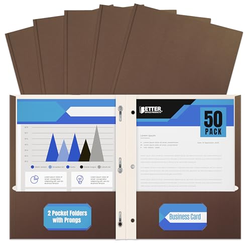 Better Office Products Brown Paper 2 Pocket Folders with Prongs, Matte Texture, Letter Size Paper Folders, 50 Pack, with 3 Metal Prong Fastener Clips, Brown - color: Brown