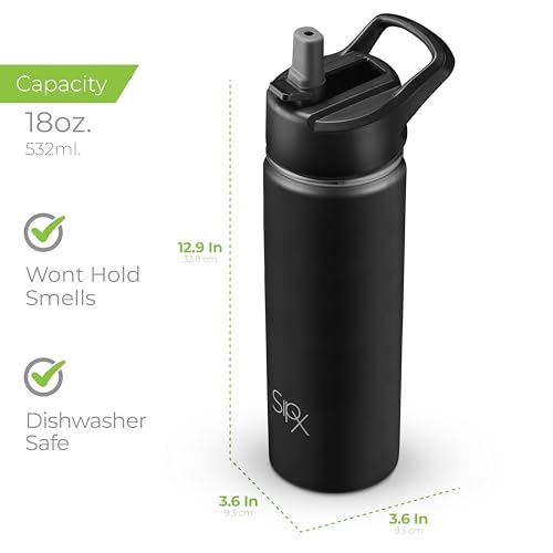SipX™ 18 oz Insulated Water Bottle with 3 Lids – Leakproof Stainless Steel, Triple Insulated – Cold 24 Hours/Hot 12 Hours – Durable Bottle for School, Gym, Travel – Black - color: Black, size: 18 Ounces