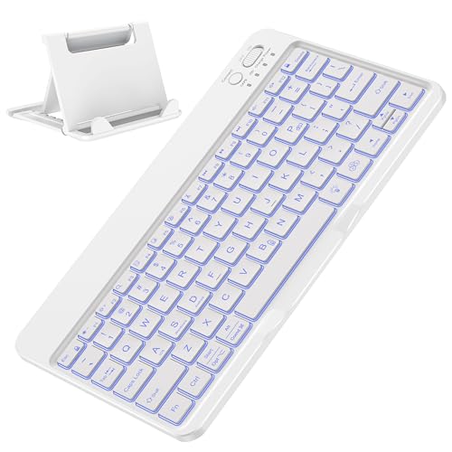 OMOTON Rechargeable Ultra-Slim Keyboard with Upgrade Oversize Keycaps, Adjustable Stand and Backlit, Wireless Bluetooth Keyboard for Samsung Tablet, iPad, Smartphone, Android, iOS, Windows, White - color: White