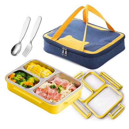 Stainless Steel Bento Lunch Box Set with Spoon, Fork & Insulated Lunch Bag, 25oz Leakproof Bento Box for Adults & Kids, Ideal for School, Home, Office, Picnic & Healthy meal prep containers (yellow) - color: Yellow