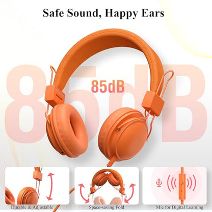 12-Pack Classroom Headphones for K-12 Schools, Bulk Wired 3.5mm Jack | 85dB Volume-Limited, Built-in Mic, Foldable Design, Tangle-Free Cable For Student Use, Rainbow Colors
