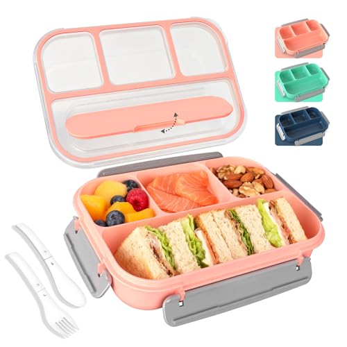 WHALEHOUSE Bento Lunch Box, 1000ML 4 Compartments Meal Prep Container with Utensil, Airtight Food Storage Container with Snap Locking Lids, Microwave/Dishwasher/Freezer Safe, On the Go - color: 1000mL-Pink