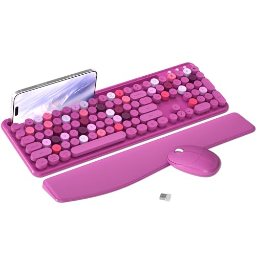 MPTOG Colorful Wireless Computer Keyboard and Mouse Combo with Phone Holder, Wrist Rest, Typewriter Keys, 2.4GHz Wireless, Full-Sized Optical Mouse for PC and Laptop (Rose-Red) - color: Rose-Red