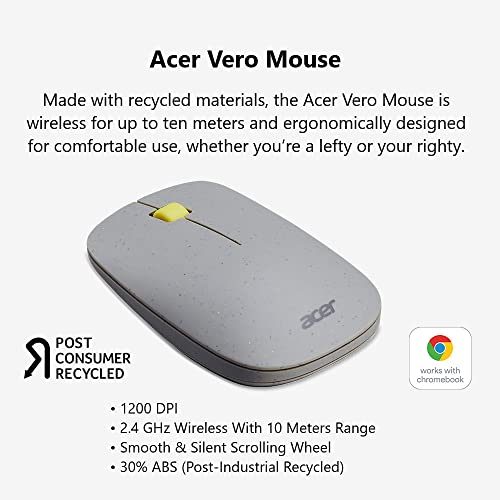 acer Vero 3 Button Mouse | 2.4GHz Wireless | 1200DPI | Made with Post-Consumer Recycled (PCR) Material | Certified Works with Chromebook | Gray - color: Vero Gray