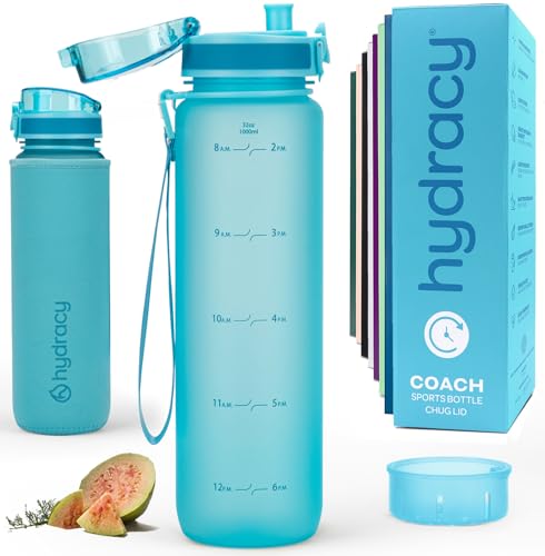 Hydracy Water Bottle with Time Marker & Fruit Infuser - BPA Free - 32 oz | Leak Proof Gym Bottle with times to drink and no sweat Sleeve - Ideal for Fitness Sports & Outdoors - color: Aqua Blue, size: 32 Ounces