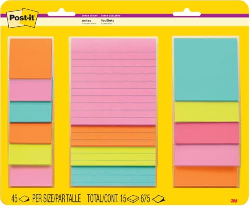 Post-it Super Sticky Notes Multi-Size Supernova Neons | Lined | Double Sticking Power | 15 Pads, Pack of 12 - size: 11.9" x 9.8" (Pack of 12)