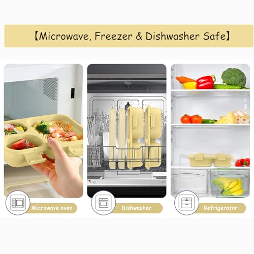 Bento Box, Lunch Box with Lids, 3-Compartment Meal Prep Containers Reusable, Leakproof & Stackable, Food Storage Containers for Office, Travel (Yellow & green) 2pcs - color: Yellow & green
