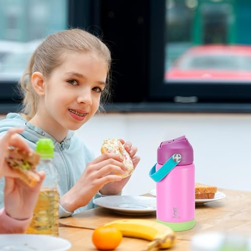 Kids Insulated Water Bottle with Straw Lid & Silicone Handle,12oz Kids Leak Proof Water Bottle for School Boys Girls,Double Wall Vacuum Stainless Steel with Non-slip Silicone Base(Pink) - color: Pink, size: 12 Ounces