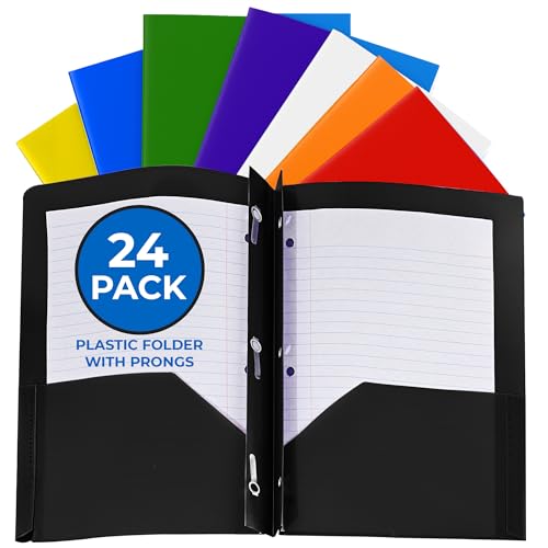 24 Pack Assorted Colors Plastic Folders with Pockets Heavy Duty. 2 Pocket Folder with Prongs Bulk. Tear-Resistant Letter Size 8.5x11. Presentation Ready School and Office Supplies - color: Assorted, style: With Prongs