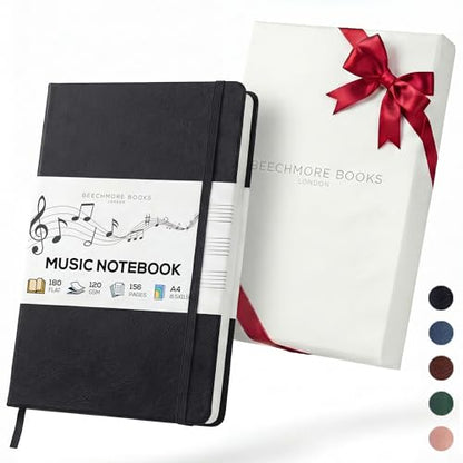 Beechmore Books Blank Sheet Music Notebook – A4 8.5"x11.5" for Songwriters, Musicians & Composers, 156 Thick 120gsm Pages, 10-Staff Perforated Sheets, Vegan Leather Hardcover, Elastic Closure, Gift Box - color: Charcoal Black