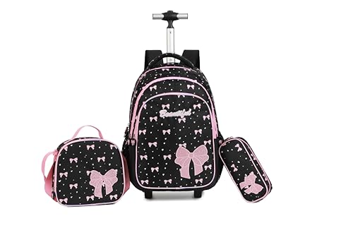 Women Large Rolling travel Backpack for kids, Wheeled Backpack with Adjustable Shoulder Straps, Nylon Book Bag 3pc Set (BOWKNOT BLACK) - color: Bowknot Black