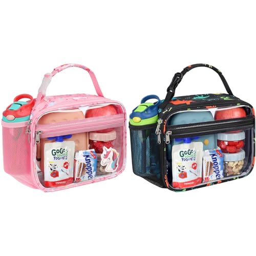 Bagseri Clear Kids Lunch Bag - 2 Pack School Snack Bag with Bottle Holder | Side Pocket, Buckle Handle, Wide Opening, PEVA Lining, School Kids Lunch Box, Clear Toy Bags, Unicorn & Dinosaur - color: C-unicorn & dinosaur