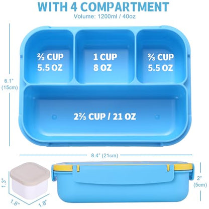 shell and turtle Bento Box for Kids Girls Boys, Bento Box Adult Lunch Box with 4 Compartments, Lunch Containers with Utensils, Sauce Jar, Muffin Liners for School, 40 Oz/5 Cup, Blue - color: Blue