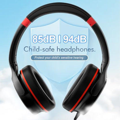 ADOOPE Kids Headphones with Safe 85dB/94dB Volume Limiter for Teen and Boys, Foldable HD Stereo Sound Headset for Kindle Kids/fire Tablet/iPad/Laptop, Headphones with Microphone (Black-red) - color: Black Red
