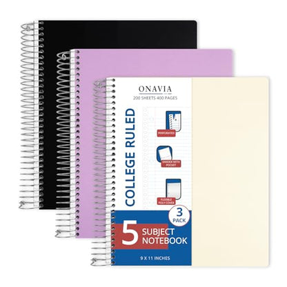 ONAVIA 5 Subject Spiral Notebook College Ruled 3 Pack, 400 Pages | 200 Sheets, 9 x 11 in, 6 Pack Waterproof Plastic Cover, Durable, School Notebooks, Classroom, Teachers - color: Black, Purple, Beige