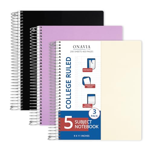 ONAVIA 5 Subject Spiral Notebook College Ruled 3 Pack, 400 Pages | 200 Sheets, 9 x 11 in, 6 Pack Waterproof Plastic Cover, Durable, School Notebooks, Classroom, Teachers - color: Black, Purple, Beige