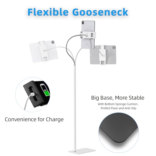 Tablet Floor Stand Holder with Flexible Gooseneck and Stable Base, Compatible with Tablet and Cell Phones (3.5''-9.7''), White - color: WHITE