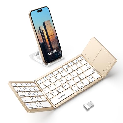 Samsers Multi-Device Foldable Bluetooth Keyboard with Touchpad, Rechargeable Folding Keyboard with Holder, Portable Travel for Android Windows iOS Mac OS, Support 3 Devices - Gold - color: Desert Gold, size: 3-Device