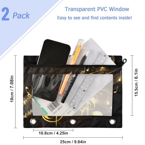 Studying 2 Pack Golden Music Notes Black 3 Ring Binder Pencil Pouch Bags,Clear Window Zipper Storage Case for Boys Girls School Office Supplies Cosmetics Organizers - color: Multi-note