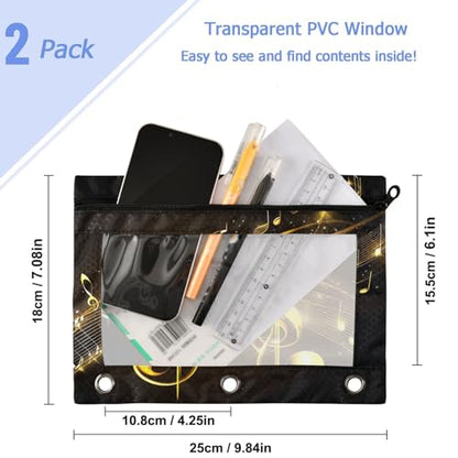Studying 2 Pack Golden Music Notes Black 3 Ring Binder Pencil Pouch Bags,Clear Window Zipper Storage Case for Boys Girls School Office Supplies Cosmetics Organizers - color: Multi-note