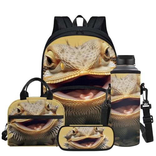 Lizard Print School Backpack for Kids Boys Gifts School Bag Set with Lunch Box & Pencil Case & Water Bottle Sleeve, Bookbag Teen Student Back Packs Satchel Travel Daypack Bagpack - color: Lizard
