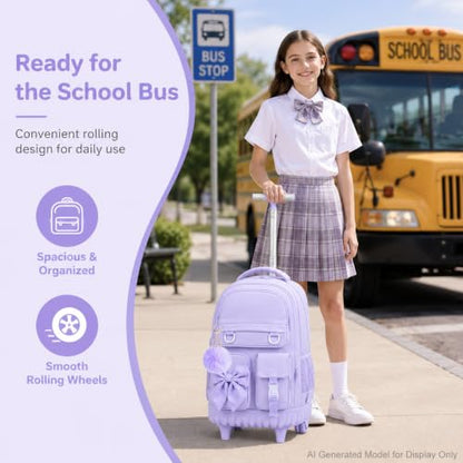 HPJGD 3PCS Rolling Backpack for Girls, Purple Bow Roller School Backpacks with Wheels, Water-Resistant Wheeled Bookbag Set - color: Purple Bowknot Rolling Backpack Set