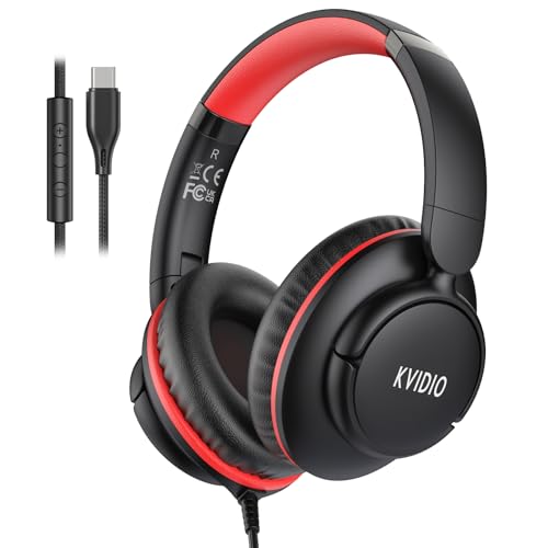 KVIDIO Wired USB C Headphone with Microphone, Over Ear Foldable Type C Corded Headphones with 4.9ft Tangle-Free Cord for Tablet Laptop School Airplane Travel, Black Red - color: Black Red