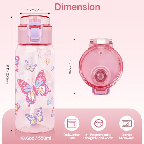 Tritan Kids Water Bottle for School, 18.6 oz Leakproof 2-in-1 Toddler Water Bottle with a Pop-up Detachbale Straw, Dishwasher Safe (Butterfly) - color: Butterfly