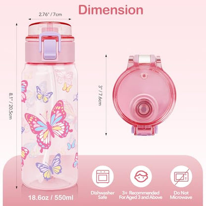 Tritan Kids Water Bottle for School, 18.6 oz Leakproof 2-in-1 Toddler Water Bottle with a Pop-up Detachbale Straw, Dishwasher Safe (Butterfly) - color: Butterfly