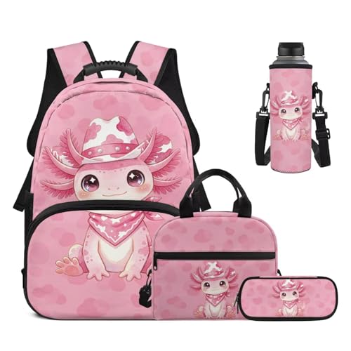 Pink Cowboy Axolotl Backpack Set for Girls 6-12, Elementary Kids School Bookbag with Insulated Lunch Box, Pencil Case & Water Bottle Holder for Back to School - color: Pink Cowboy Axolotl