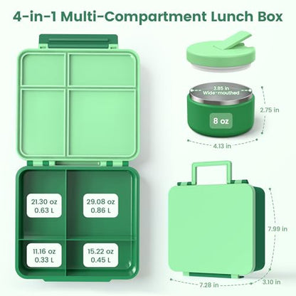 LOHASOK Bento Lunch Box Kids with 8oz Soup Thermo, Leak-Proof Lunch Containers with 4 Compartment, Thermo Hot Food Jar and Insulated Lunch Box for School Green - color: Green