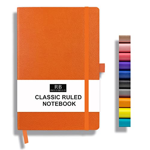 RICCO BELLO Lined Journal Notebook with Pen Holder, Orange | Faux Textured Leather Hardcover, College Ruled, 96 Sheets / 192 Pages, 5.7 x 8.4 Inches, For Work & Notes - color: Orange